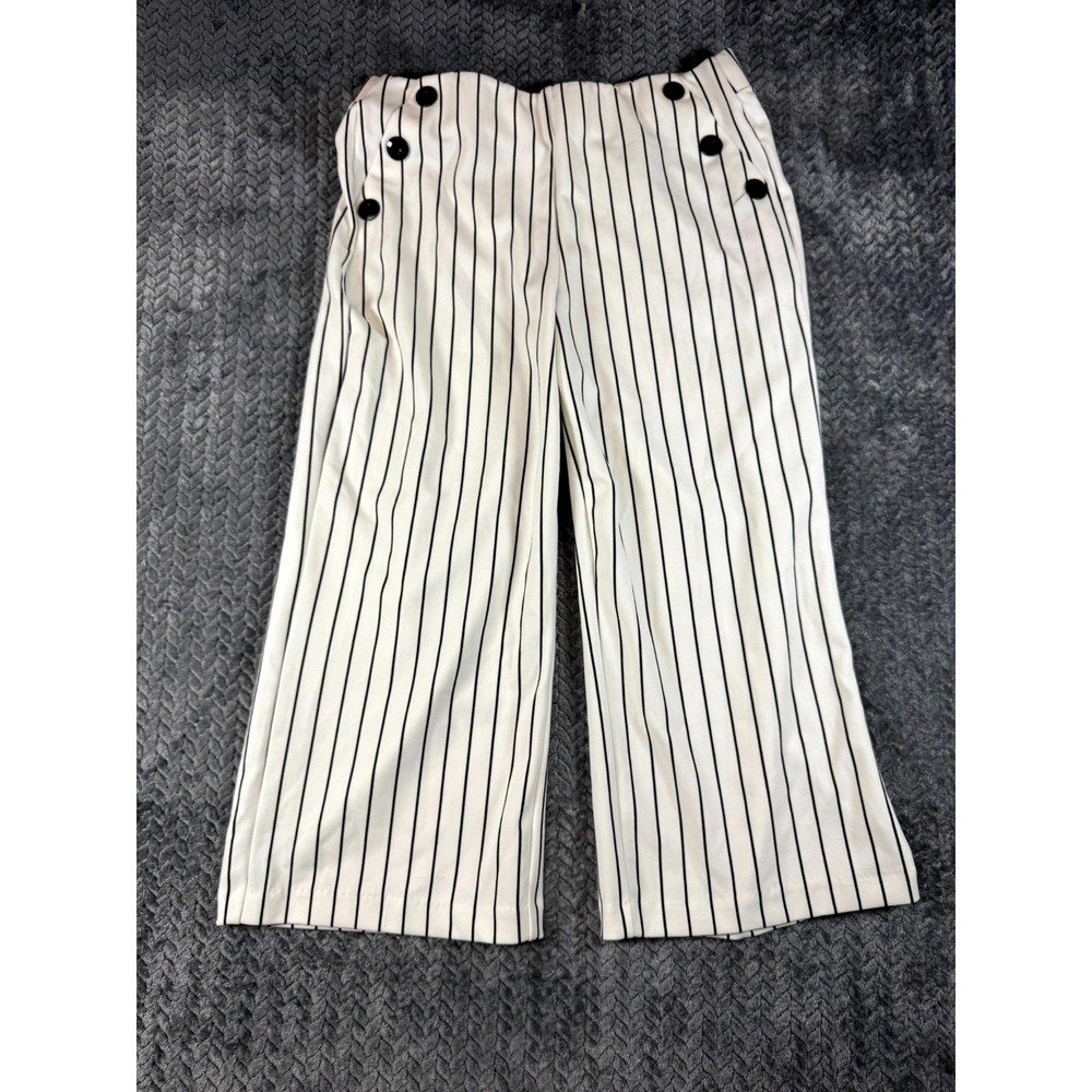 One 5 One Wide Leg Pants Women Large White Black Striped Button‎ Cropped Casual